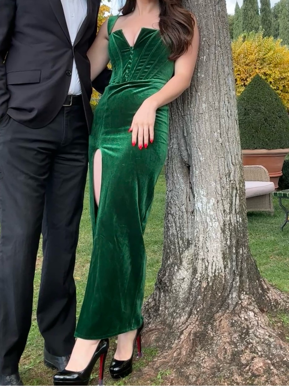 Emerald Green Velvet Corset Dress with Side Slit